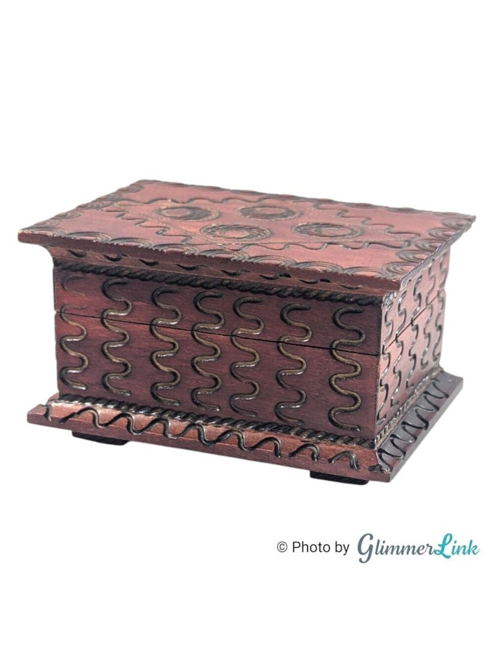 Vintage Polish Wooden Geometric Carved Folk Art Trinket Keepsake Box